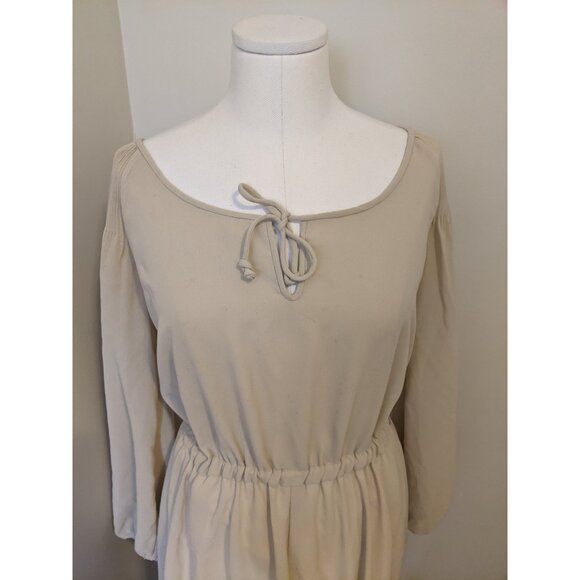 Vintage 70s Tan Maxi Dress Long Sleeve Drawstring Boho Prairie Peasant Retro L - Picture 3 of 9